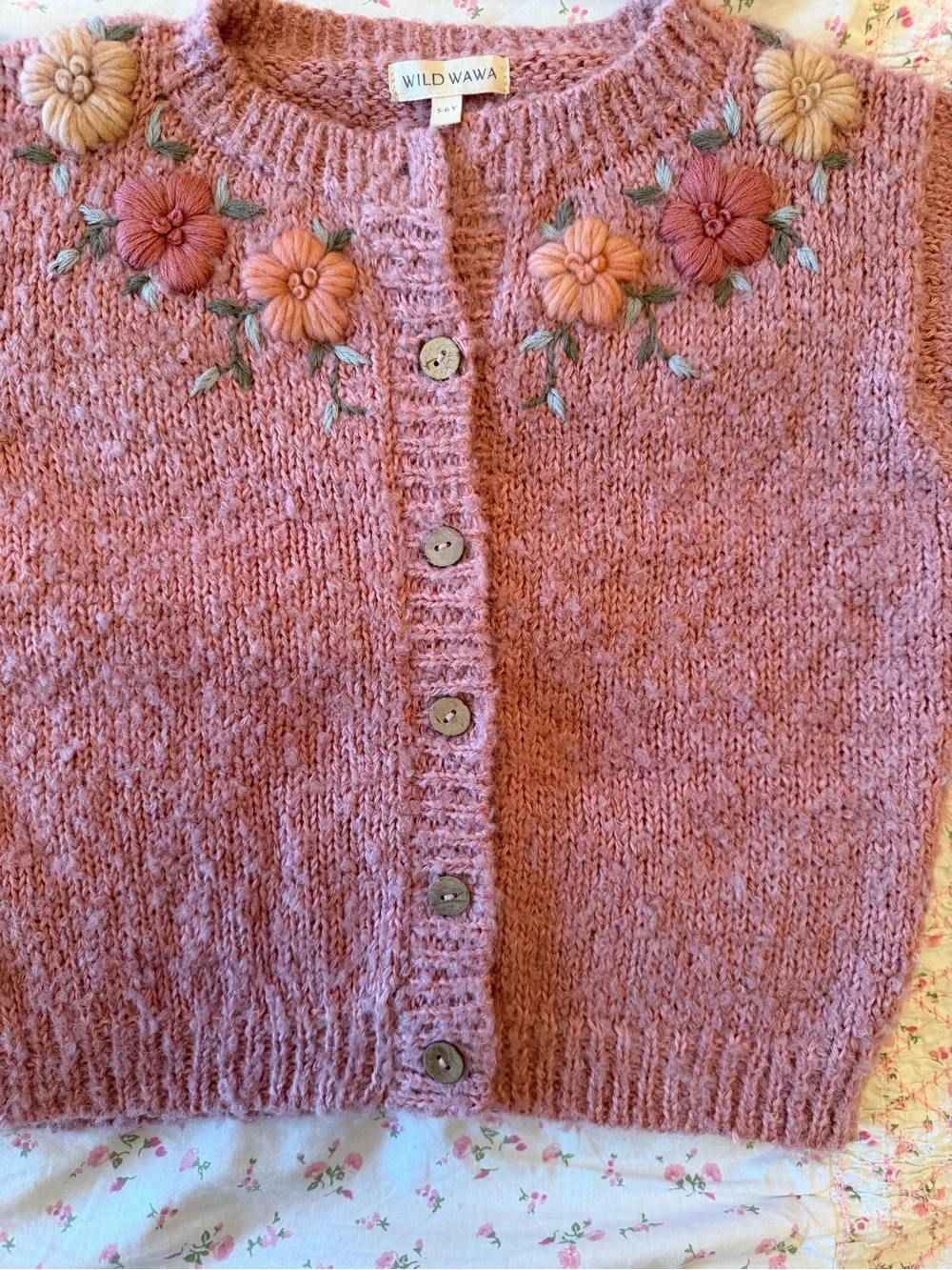 WILD WAWA Magnolia Floral Embroidered Girl’s Cardigan Sweater 5-6Y